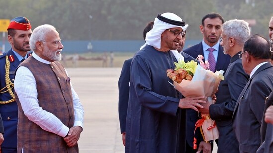 EAM S Jaishankar welcomed UAE President Mohamed bin Zayed Al Nahyan in Ahmedabad on Tuesday, as Prime Minister Narendra Modi observed, marking the President's participation in the upcoming Vibrant Gujarat Global Summit set to commence on Wednesday.&nbsp;(X/Narendra Modi)