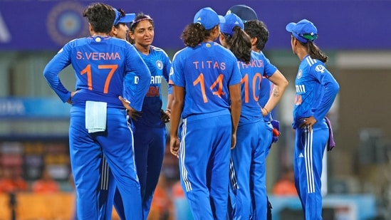 India Women's captain Harmanpreet Kaur and teammates look on after appealing for the dismissal of Australia Women's captain Alyssa Healy (BCCI-X)
