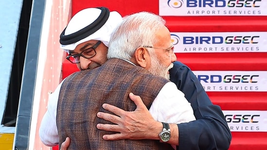 Prime Minister Narendra Modi welcomes President of UAE Mohamed bin Zayed Al Nahyan at Ahmedabad airport on Tuesday. (PTI)