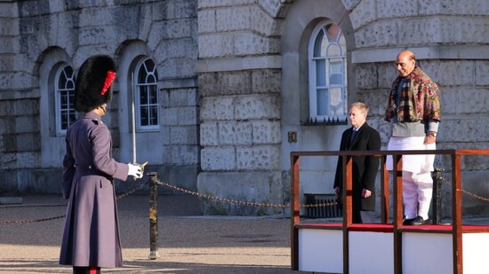 Union Defence Minister Rajnath Singh receiving Guard of Honour at the Horse Guards Parade grounds in London on Tuesday.