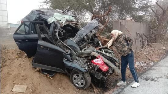 The mangled remains of the car in which the two inspectors were travelling when the accident occurred near Kundli border in Sonepat district on Monday night. (HT Photo)