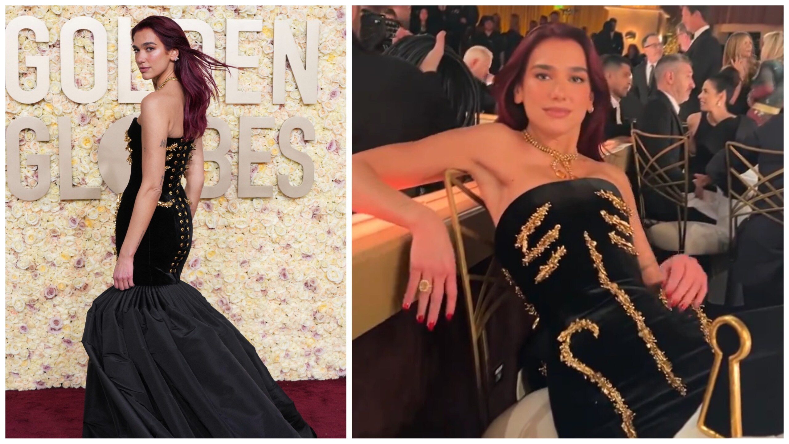 dua lipa golden globe dress Dua Lipa Struggles to Sit in Her Viral Bone Dress at the Golden Globes