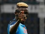 Napoli's Victor Osimhen celebrates after scoring during the Serie A match Napoli's Victor Osimhen celebrates after scoring during the Serie A match
