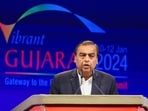 Chairman and managing director of Reliance Industries Mukesh Ambani speaks during the Vibrant Gujarat Global Summit, at the Mahatma Mandir in Gandhinagar, Gujarat.