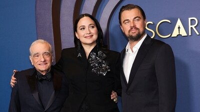 Martin Scorsese, Lily Gladstone and Leonardo DiCaprio pose together at the 14th Governors Awards in Los Angeles. Earlier on Sunday (Monday morning in India), Lily Gladstone took the stage to accept her first Golden Globe award for best actress. She won for her role as Mollie Burkhart in Martin’s epic Killers of the Flower Moon. (REUTERS) 