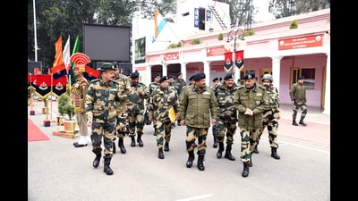 Border Security Force (BSF) director general Nitin Agrawal with other senior officers reviews the security situation at the International border in Jammu on Wednesday. (ANI)