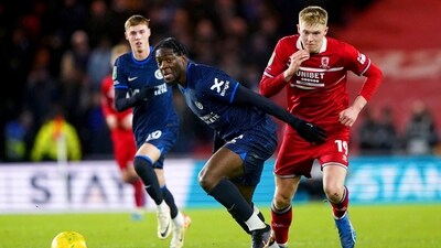 Chelsea's Axel Disasi, center left, and Middlesbrough's Josh Coburn, right, battle for the ball (AP) Chelsea's Axel Disasi, center left, and Middlesbrough's Josh Coburn, right, battle for the ball (AP)