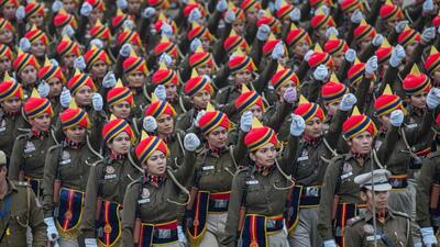 Delhi Police personnel on Wednesday, during rehearsals for the Republic Day parade. (PTI)