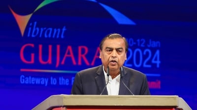 Chairman and managing director of Reliance Industries Mukesh Ambani speaks during the Vibrant Gujarat Global Summit, at the Mahatma Mandir in Gandhinagar, Gujarat. (Reuters)