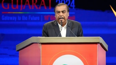 India's Reliance Industries Chairman Mukesh Ambani addresses the Vibrant Gujarat Global Summit, a business event to attract investments to the Gujarat state, in Gandhinagar, India, Wednesday, Jan.10, 2024. (AP Photo/Ajit Solanki) India's Reliance Industries Chairman Mukesh Ambani addresses the Vibrant Gujarat Global Summit, a business event to attract investments to the Gujarat state, in Gandhinagar, India, Wednesday, Jan.10, 2024. (AP Photo/Ajit Solanki)