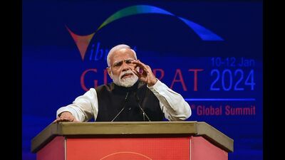 Prime Minister Narendra Modi during the inaugural session of the Vibrant Gujarat Global Summit 2024, in Gandhinagar on Wednesday. (AFP)