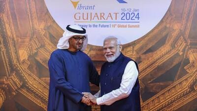Prime Minister Narendra Modi welcomes UAE President Mohamed bin Zayed Al Nahyan at Mahatma Mandir for the Vibrant Gujarat Summit 2024, in Gandhinagar on Wednesday (ANI) Prime Minister Narendra Modi welcomes UAE President Mohamed bin Zayed Al Nahyan at Mahatma Mandir for the Vibrant Gujarat Summit 2024, in Gandhinagar on Wednesday (ANI)