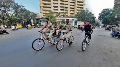 Thane, India - January ,10, 2024: Naupada police station of Thane have started police patrolling on their four cycles on a daily basis. They have started on their own on an experimental basis. Patrolling, solving any citizen's issue an officer needs to take a bike or police car to reach the spot on time ,in Thane, in Mumbai, India, on, Wednesday, January ,10, 2024. ( Praful Gangurde / HT Photo )
