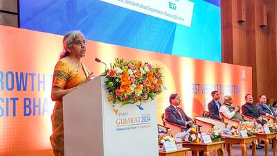 Union finance minister Nirmala Sitharaman addresses the audience at the seminar of the Vibrant Gujarat Global Summit 2024, in Gandhinagar on Wednesday (ANI) Union finance minister Nirmala Sitharaman addresses the audience at the seminar of the Vibrant Gujarat Global Summit 2024, in Gandhinagar on Wednesday (ANI)