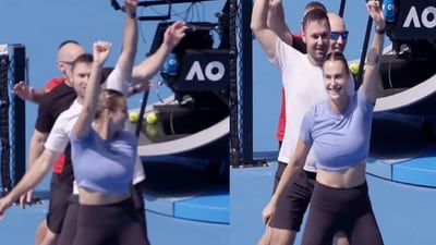 Aryna Sabalenka dancing to Fireball. (Instagram/@AustralianOpen) Aryna Sabalenka dancing to Fireball. (Instagram/@AustralianOpen)