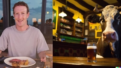 Mark Zuckerberg with his new beef and AI-generated image of a cow drinking beer Mark Zuckerberg with his new beef and AI-generated image of a cow drinking beer