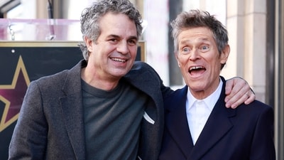 US actor Mark Ruffalo (L) poses with US actor Willem Dafoe during the ceremony honoring Dafoe with a Hollywood Walk of Fame star in Hollywood on January 8. The two were recently seen together in lead roles in Poor Things. (AFP) US actor Mark Ruffalo (L) poses with US actor Willem Dafoe during the ceremony honoring Dafoe with a Hollywood Walk of Fame star in Hollywood on January 8. The two were recently seen together in lead roles in Poor Things. (AFP)