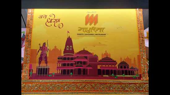 A 56 bhog packet of dry fruits especially designed for Ram mandir with its picture on the packet by Madhurima sweets (HT Photo)