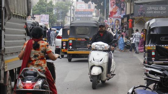 A two-wheeler on wrong side at Rameshwar Chowk on Shivaji Road. After an accident at the stretch claimed the life of 21-year-old boy, citizens have demanded that full-time traffic police be deployed at the road. (RAVINDRA JOSHI/HT)