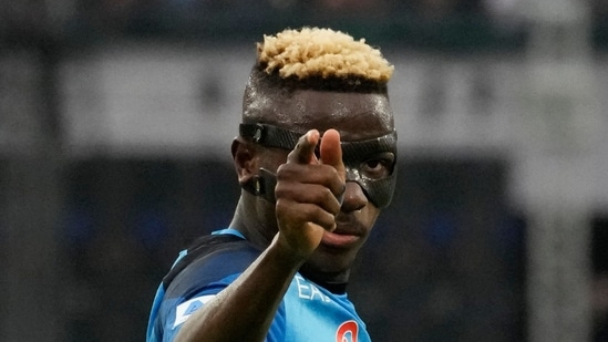 Napoli's Victor Osimhen celebrates after scoring during the Serie A match (AP)