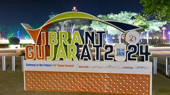 A model of the Vibrant Gujarat Global Summit 2024 placed at a roadside in Gandhinagar (PTI)