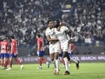 Real Madrid's Antonio Rudiger celebrates with Jude Bellingham after scoring vs Atletico Madrid. Real Madrid's Antonio Rudiger celebrates with Jude Bellingham after scoring vs Atletico Madrid.