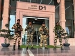 Central Industrial Security Force (CISF) personnel stand guard outside the Maharishi Valmiki International Airport after security tightened ahead of the consecration ceremony of the Ram Janmabhoomi Temple, in Ayodhya on Wednesday. (ANI)