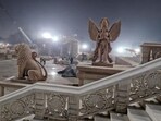Images of an elephant, lion and Garuda installed at the entrance of the Ram Janmabhoomi Temple in Ayodhya. Images of an elephant, lion and Garuda installed at the entrance of the Ram Janmabhoomi Temple in Ayodhya.