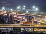 Mumbai, India - Jan. 11, 2024: A night view of the MTHL- Mumbai Trans Harbour Link Road on the eve of the PM Narendra Modi to inaugurate MTHL in Mumbai, India, on Thursday, January 11, 2024. (Photo by Satish Bate/ Hindustan Times)