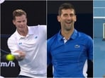 Steve Smith (extreme left) returns to Djokovic's serve; Djokovic (extreme right) plays cricket Steve Smith (extreme left) returns to Djokovic's serve; Djokovic (extreme right) plays cricket