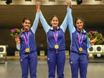 Asian Games gold medallist Esha Singh, Rhythm Sangwan and Manu Bhaker (L to R) Asian Games gold medallist Esha Singh, Rhythm Sangwan and Manu Bhaker (L to R)