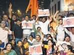 Shiv Sena (Uddhav Balasaheb Thackeray) workers protest against Maharashtra Assembly Speakers Rahul Narvekar over the his verdict on Shiv Sena MLA disqualification matter. outside Shiv Sena Bhavan, Dadar in Mumbai. India. Jan 10,2024. (Photo by Raju Shinde/HT Photo)