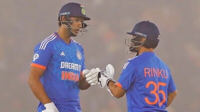Shivam Dube and Rinku Singh celebrate their partnership during the 1st T20I against Afghanistan at Punjab Cricket Association Stadium in Mohali (ANI) Shivam Dube and Rinku Singh celebrate their partnership during the 1st T20I against Afghanistan at Punjab Cricket Association Stadium in Mohali (ANI)