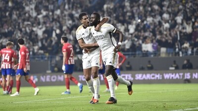 Real Madrid's Antonio Rudiger celebrates with Jude Bellingham after scoring vs Atletico Madrid. (AP) Real Madrid's Antonio Rudiger celebrates with Jude Bellingham after scoring vs Atletico Madrid. (AP)