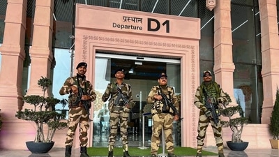Central Industrial Security Force (CISF) personnel stand guard outside the Maharishi Valmiki International Airport after security tightened ahead of the consecration ceremony of the Ram Janmabhoomi Temple, in Ayodhya on Wednesday. (ANI)