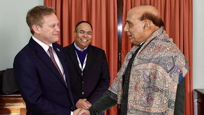 Defence Minister Rajnath Singh with his UK counterpart Grant Shapps during the UK-India Defence Industry CEOs Roundtable, in London on Wednesday. (PTI) Defence Minister Rajnath Singh with his UK counterpart Grant Shapps during the UK-India Defence Industry CEOs Roundtable, in London on Wednesday. (PTI)