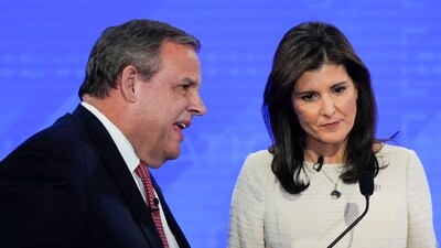 Chris Christie talking with former U.N. Ambassador Nikki Haley during a commercial break at a Republican presidential primary debate hosted by NewsNation, Dec. 6, 2023, at the Moody Music Hall at the University of Alabama in Tuscaloosa, Ala (AP Photo/Gerald Herbert, File) (AP) Chris Christie talking with former U.N. Ambassador Nikki Haley during a commercial break at a Republican presidential primary debate hosted by NewsNation, Dec. 6, 2023, at the Moody Music Hall at the University of Alabama in Tuscaloosa, Ala (AP Photo/Gerald Herbert, File) (AP)