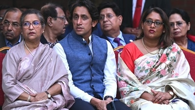 Family members of Bangladesh's Prime Minister Sheikh Hasina, (L-R) sister Sheikh Rehana, nephew and Rehana's son Radwan Mujib and daughter Saima Wazed (AFP)