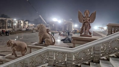Images of an elephant, lion and Garuda installed at the entrance of the Ram Janmabhoomi Temple in Ayodhya. (ANI) Images of an elephant, lion and Garuda installed at the entrance of the Ram Janmabhoomi Temple in Ayodhya. (ANI)