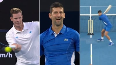 Steve Smith (extreme left) returns to Djokovic's serve; Djokovic (extreme right) plays cricket (X/AusOpen) Steve Smith (extreme left) returns to Djokovic's serve; Djokovic (extreme right) plays cricket (X/AusOpen)