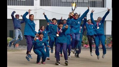 Players of Jharkhand football team in a jubilant mood after wining the trophy in National School Games in Ludhiana on Thursday. (Manish/HT) Players of Jharkhand football team in a jubilant mood after wining the trophy in National School Games in Ludhiana on Thursday. (Manish/HT)