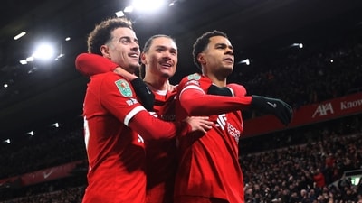 Liverpool's Cody Gakpo celebrates scoring their second goal with Curtis Jones and Darwin Nunez (REUTERS)