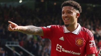 Manchester United's Jadon Sancho celebrates scoring their first goal (REUTERS)
