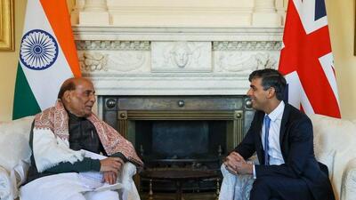 Sunak agreed with Singh on the need for the UK and India to work together in trade, defence and technology. (Rajnath Singh) Sunak agreed with Singh on the need for the UK and India to work together in trade, defence and technology. (Rajnath Singh)