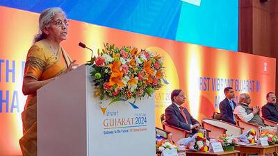 Union finance minister Nirmala Sitharaman at the Vibrant Gujarat Global Summit 2024 in Gandhinagar. (PTI Photo) Union finance minister Nirmala Sitharaman at the Vibrant Gujarat Global Summit 2024 in Gandhinagar. (PTI Photo)