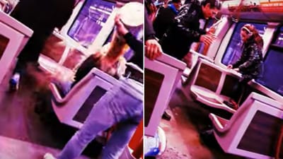 The image shows a YouTuber playing a disgusting prank on an unsuspecting father and daughter duo travelling in the Brussels metro. (YouTube/@yanike.officiel)