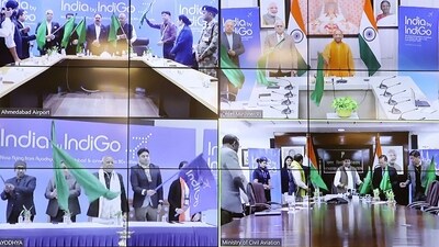 While UP chief minister Yogi Adityanath joined the function from Lucknow, civil aviation minister Jyotiraditya Scindia joined from the national capital. While UP chief minister Yogi Adityanath joined the function from Lucknow, civil aviation minister Jyotiraditya Scindia joined from the national capital.
