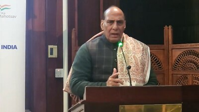 Defence minister Rajnath Singh in London.