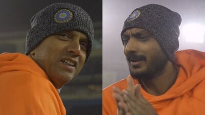 Rahul Dravid and Axar Patel during India's training session. Rahul Dravid and Axar Patel during India's training session.