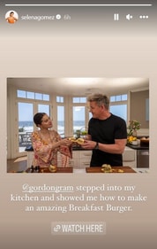 Selena Gomez took to Instagram Stories to promote her new cooking video with chef Gordon Ramsay. Selena Gomez took to Instagram Stories to promote her new cooking video with chef Gordon Ramsay.